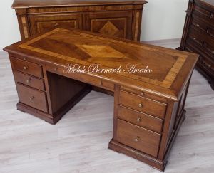 Important study-office desk made of solid walnut wood with inlaid parts in olive wood
